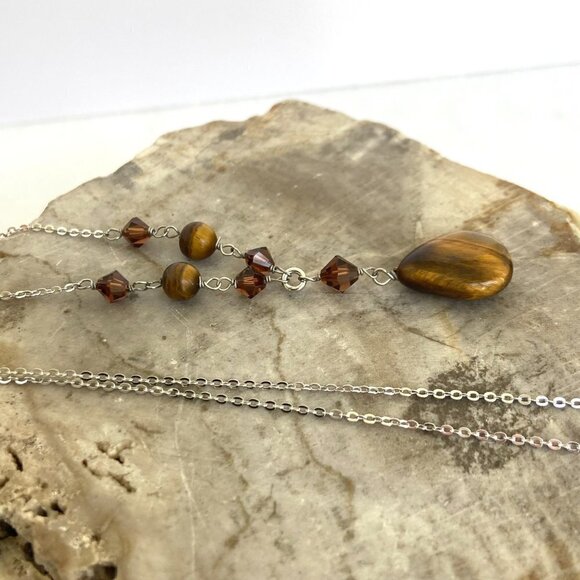 Sterling Silver 925 Beaded Tigers Eye Teardrop Pendant Necklace 18" Cable Chain - Picture 4 of 16